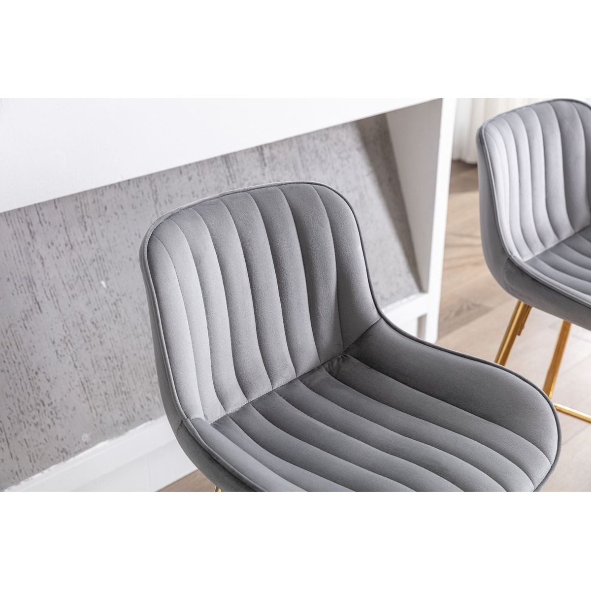 26 Inch Set of 2 Bar Stools, with Chrome Footrest Velvet Fabric Counter Stool Golden Leg Simple Bar Stool, GRAY