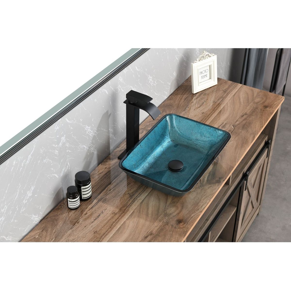 18.125" L -13.0" W -12.0" H Handmade Countertop Glass Rectangular Vessel Bathroom Sink Set in Blue Glass with Matte Black Single-Handle Single Hole Faucet and Pop Up Drain