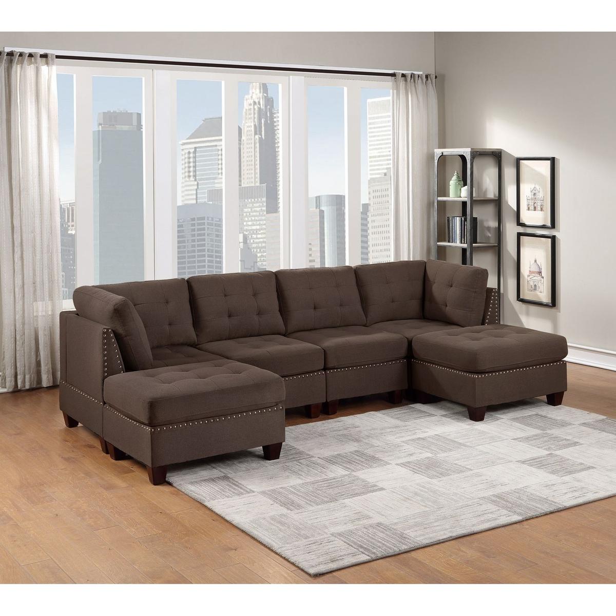 Modular Sectional 6pc Set Living Room Furniture U-Sectional Tufted Nail heads Couch Black Coffee Linen Like Fabric 2x Corner Wedge 2x Armless Chairs and 2x Ottomans