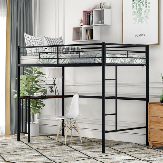 Twin Metal Bunk Bed with Desk, Ladder and Guardrails, Loft Bed for Bedroom, Black