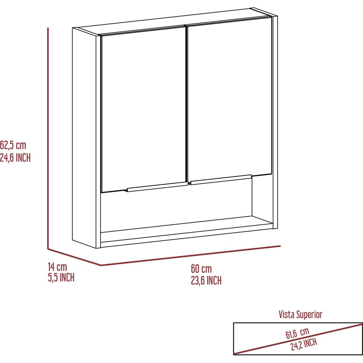 Jaspe Mirror Cabinet, Three Internal Shelves, One Open Shelf, Double Door Cabinet -Light Gray