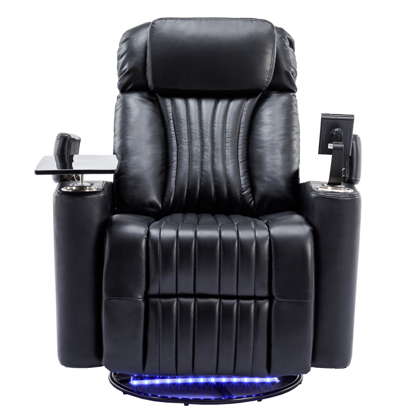 270 degree Power Swivel Recliner, Home Theater Seating With Hidden Arm Storage and LED Light Strip, Cup Holder, 360 degree Swivel Tray Table, and Cell Phone Holder, Soft Living Room Chair, Black