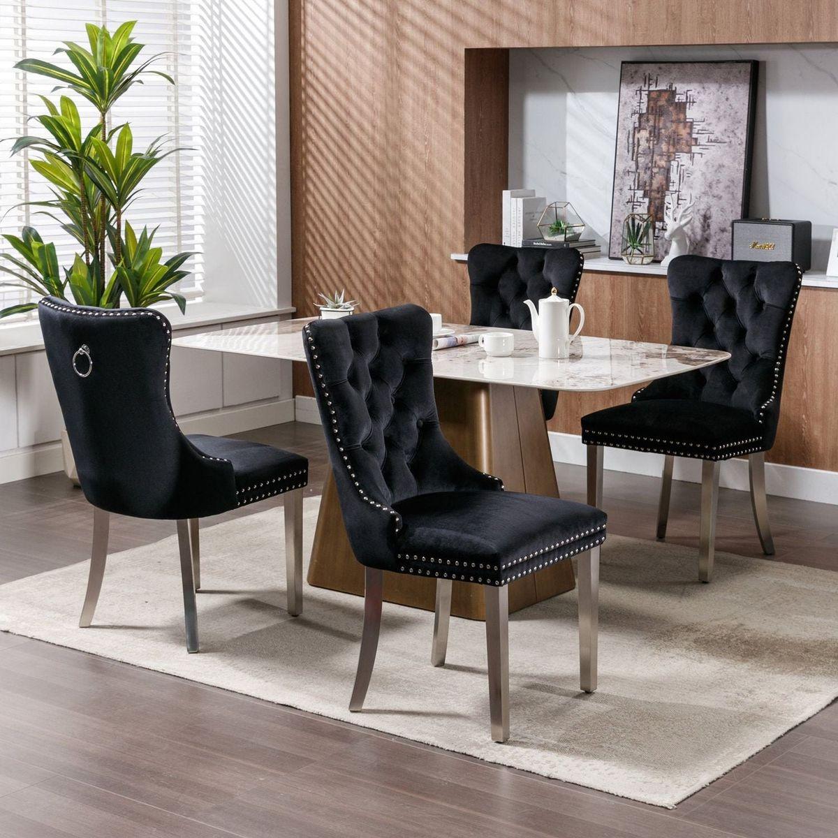 Nikki Collection Modern, High-end Tufted Solid Wood Contemporary Velvet Upholstered Dining Chair with Chrome Stainless Steel Plating Legs, Nailhead Trim, Set of 2, Black and Chrome