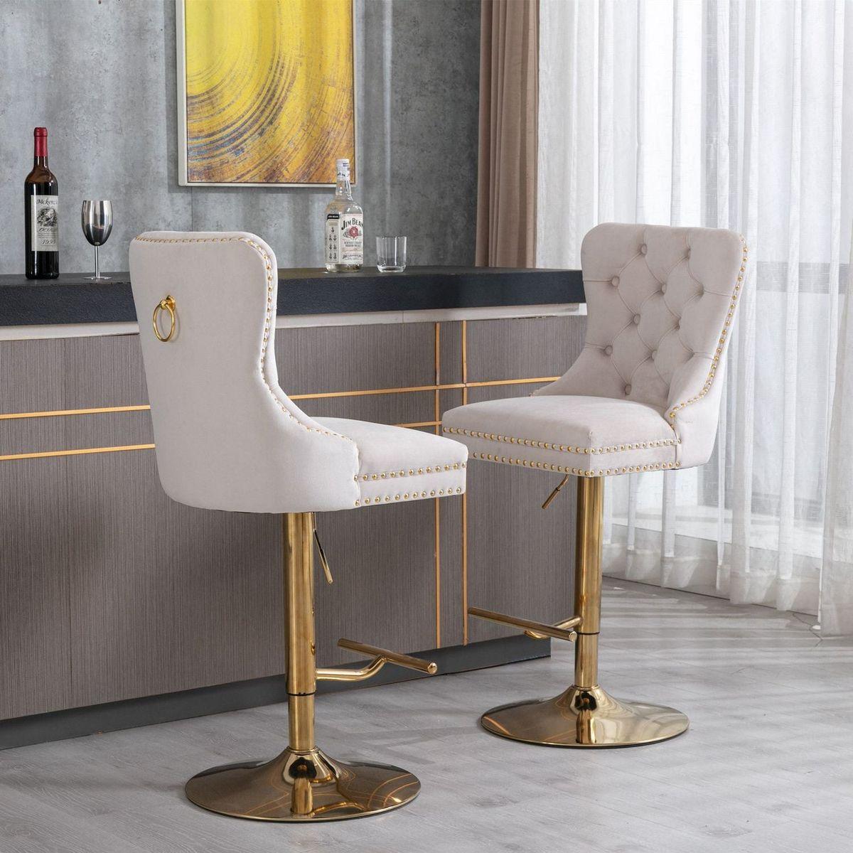 Furniture, Thick Golden Swivel Velvet Barstools Adjusatble Seat Height from 27-35 Inch, Modern Upholstered Bar Stools with Backs Comfortable Tufted for Home Pub and Kitchen Island (Beige, Set of 2) - Streamdale Furniture