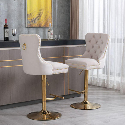 Furniture, Thick Golden Swivel Velvet Barstools Adjusatble Seat Height from 27-35 Inch, Modern Upholstered Bar Stools with Backs Comfortable Tufted for Home Pub and Kitchen Island (Beige, Set of 2) - Streamdale Furniture