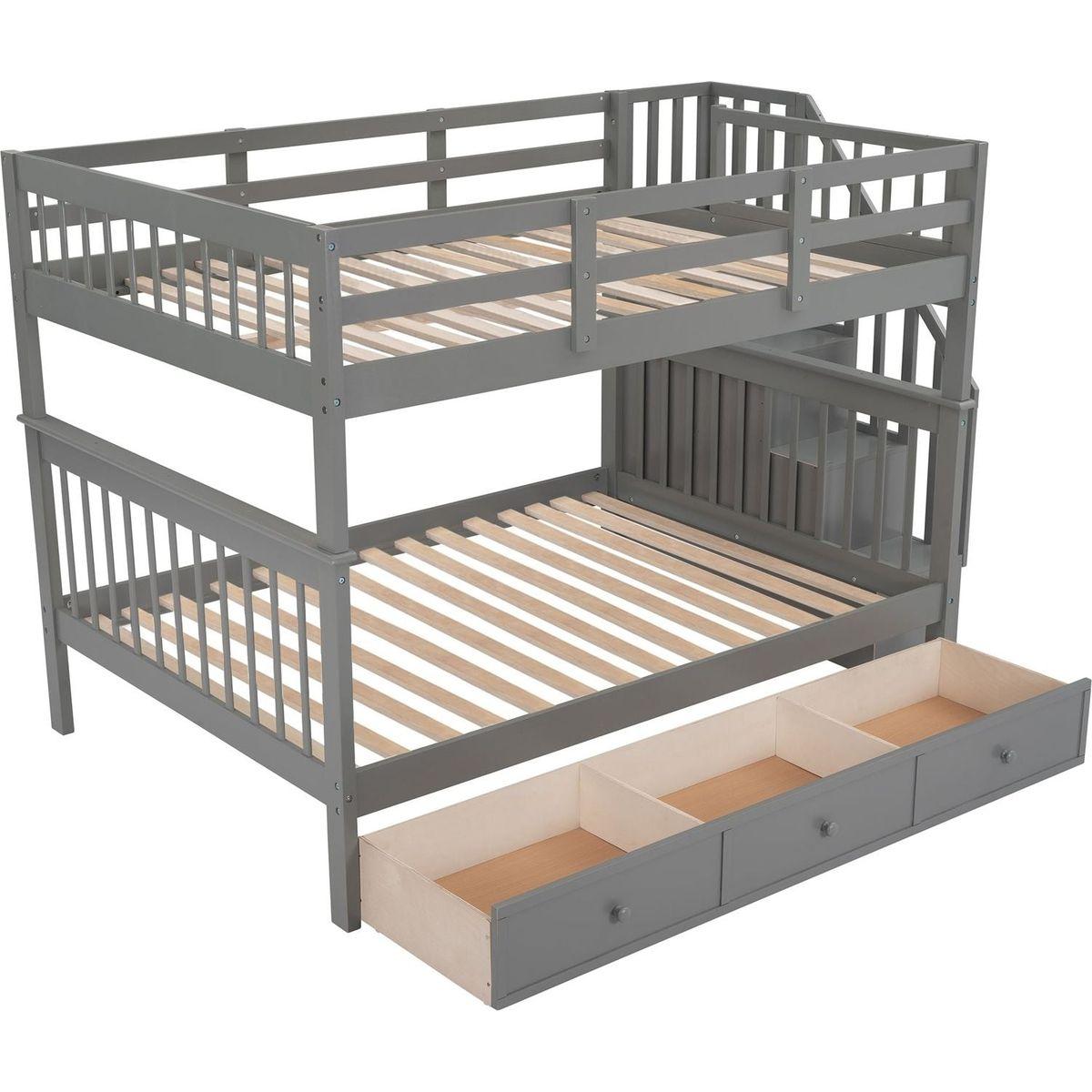 Stairway Full-Over-Full Bunk Bed with Drawer, Storage and Guard Rail for Bedroom, Gray color