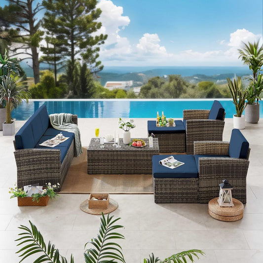 6 Pieces Wicker Patio Furniture Sets Outdoor Conversation Set PE Rattan Sectional Sofa Couch with Storage Table and Navy Blue Anti-Slip Cushions and Waterproof Covers