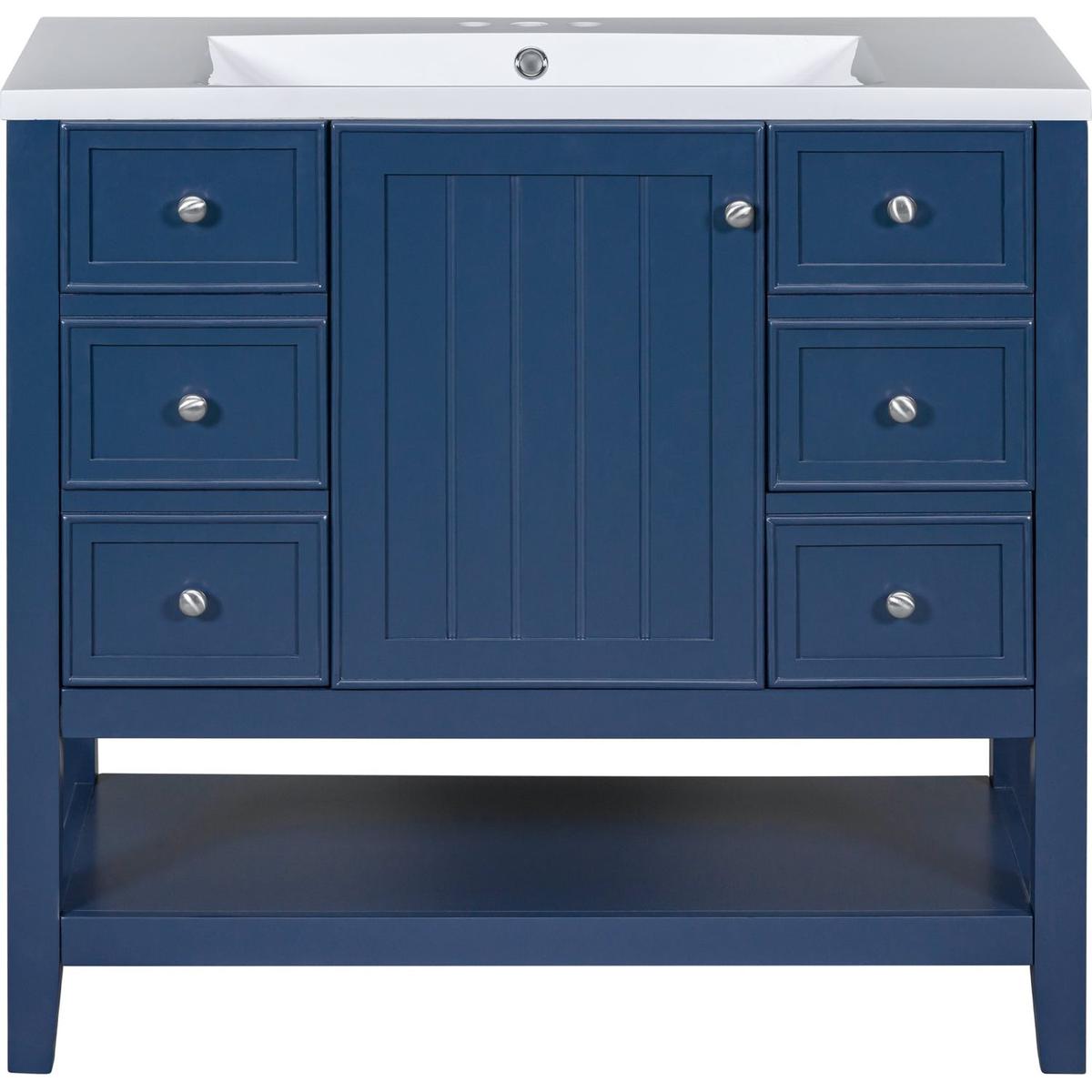 36" Bathroom Vanity with Sink Combo, One Cabinet and Three Drawers, Solid Wood and MDF Board, Blue