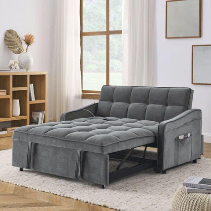 Loveseats Sofa Bed with Pull-out Bed,Adjustable Back and Two Arm Pocket,TypeC and USB Charging with Copper nail,Grey (47"x53"x31")