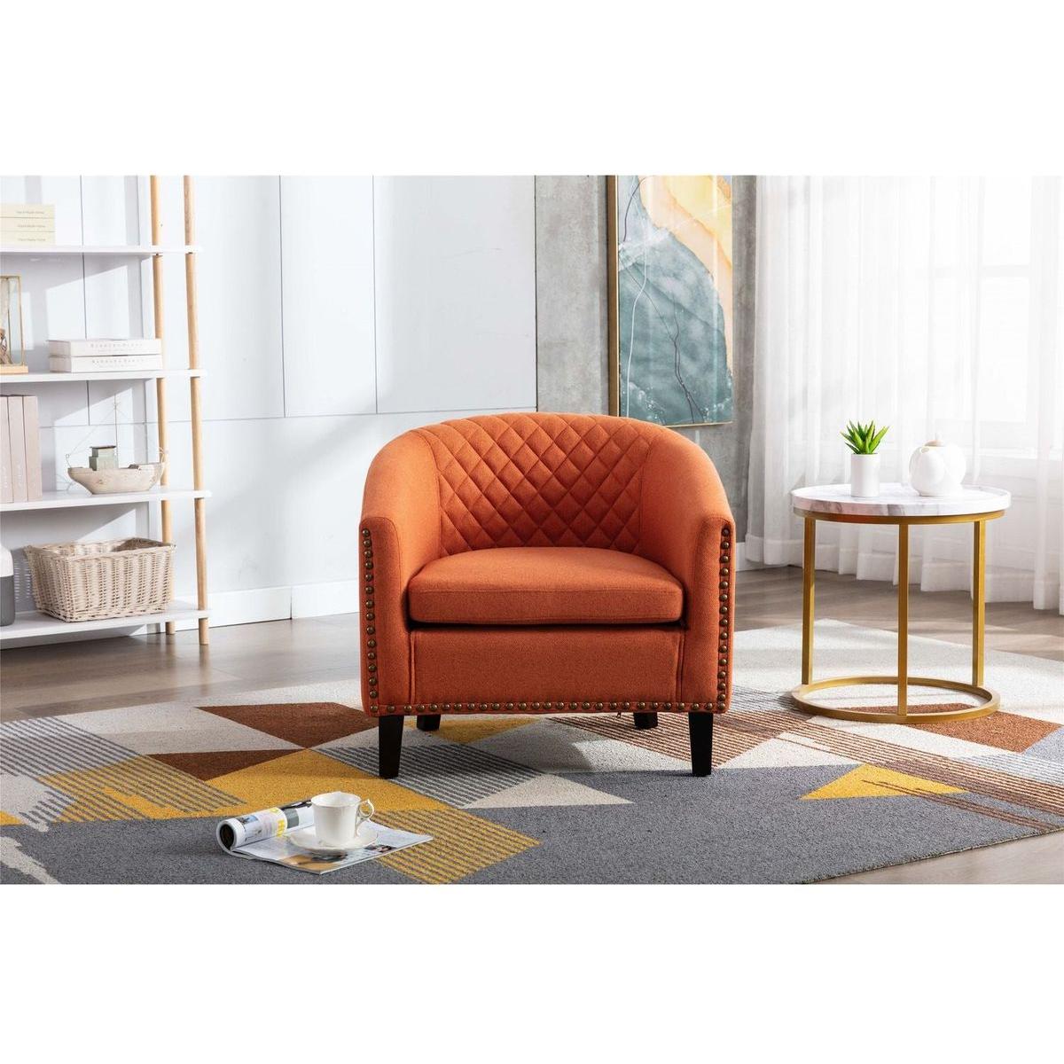 accent Barrel chair living room chair with nailheads and solid wood legs Orange linen