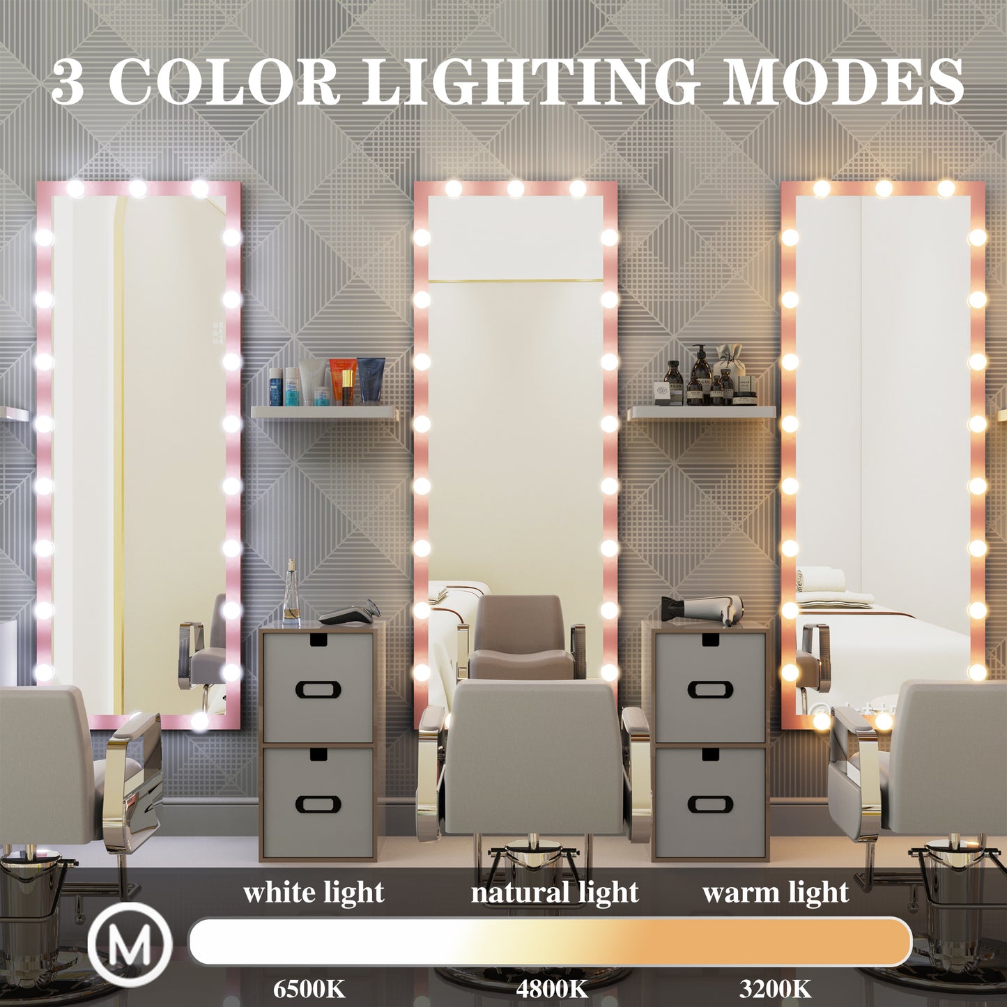 Hollywood Full Length Mirror with Lights Full Body Vanity Mirror with 3 Color Modes Wall Lighted Standing Floor Mirror for Dressing Room Bedroom Hotel Touch Control Pink 62.6"x23.3"