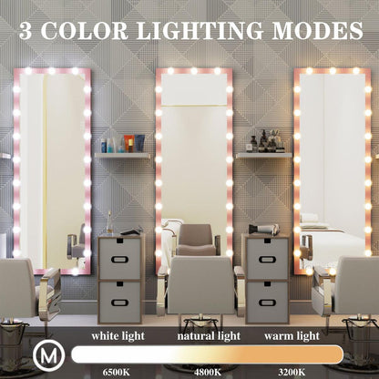 Hollywood Full Length Mirror with Lights Full Body Vanity Mirror with 3 Color Modes Wall Lighted Standing Floor Mirror for Dressing Room Bedroom Hotel Touch Control Pink 62.6"x23.3" - Streamdale Furniture