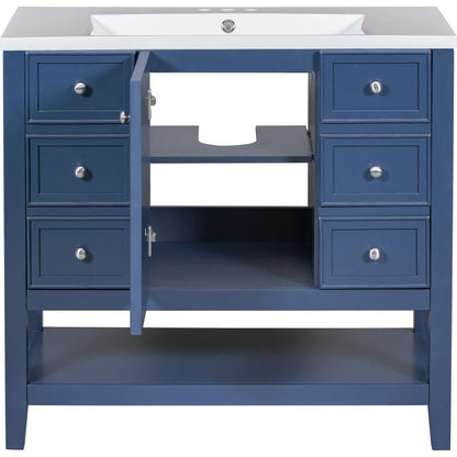 36" Bathroom Vanity with Sink Combo, One Cabinet and Three Drawers, Solid Wood and MDF Board, Blue