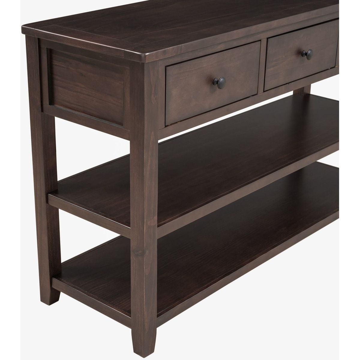 Retro Design Console Table with Two Open Shelves, Pine Solid Wood Frame and Legs for Living Room (Espresso)