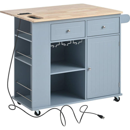 Kitchen Island with Power Outlet,Kitchen Storage Island with Drop Leaf and Rubber Wood,Open Storage and Wine Rack,5 Wheels,with Adjustable Storage for Home, Kitchen, and Dining Room, Grey Blue