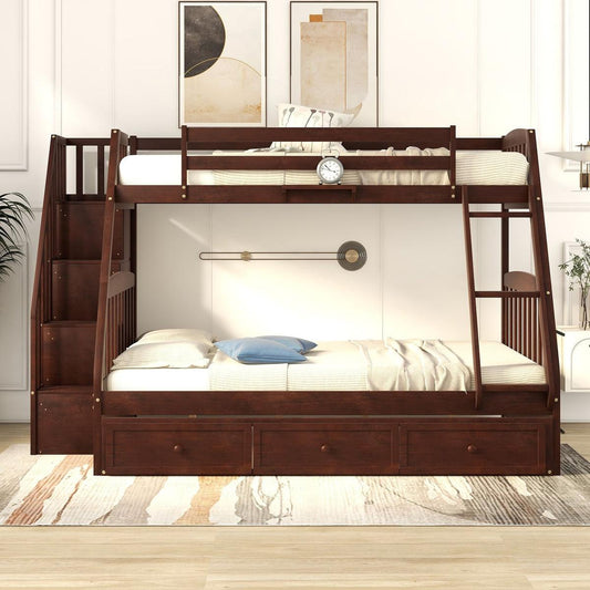 Twin-Over-Full Bunk Bed with Drawers, Ladder and Storage Staircase, Espresso - Streamdale Furniture