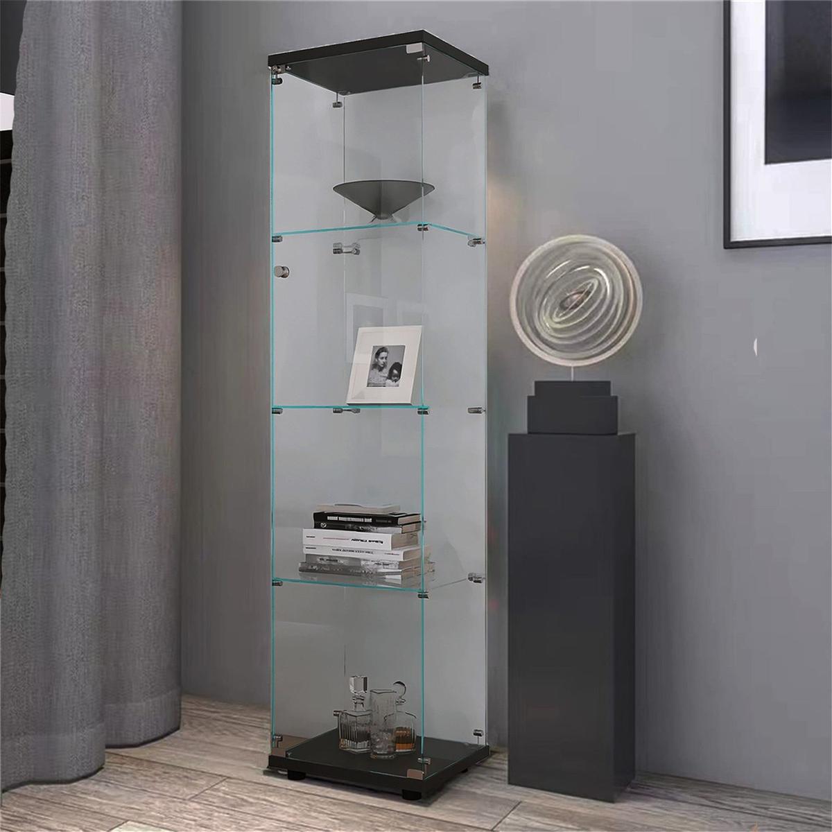 4 Shelves Glass Cabinet Glass Display Cabinet with One Door, Black - Streamdale Furniture