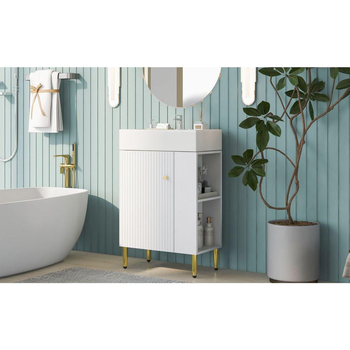 21.6" white Bathroom vanity, Combo Cabinet, Bathroom Storage Cabinet, Single Ceramic Vessel Sink, Right side storage