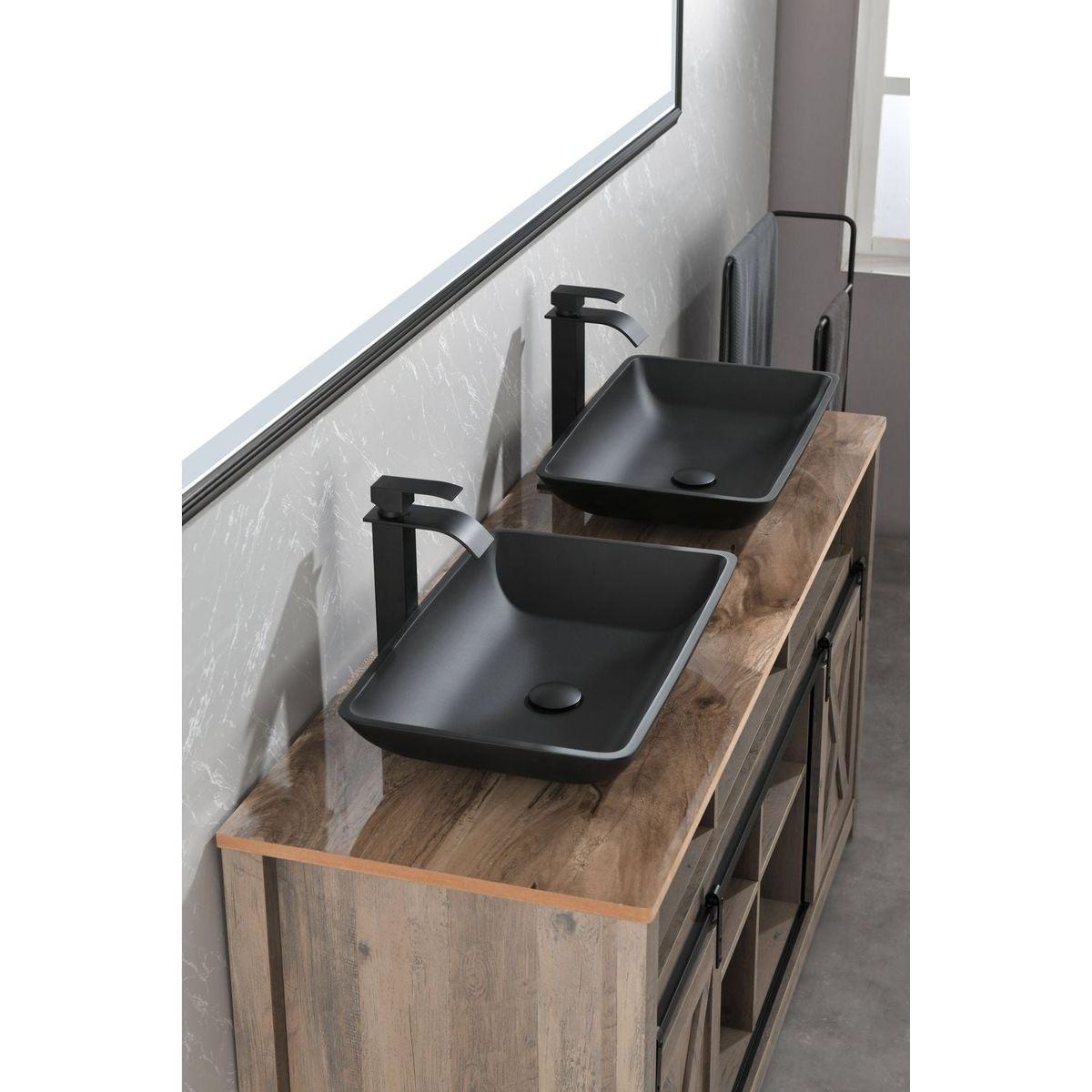 14.38" L -22.25" W -4-3/8 in. H Matte Shell Glass Rectangular Vessel Bathroom Sink in Black with Faucet and Pop-Up Drain in Matte Black