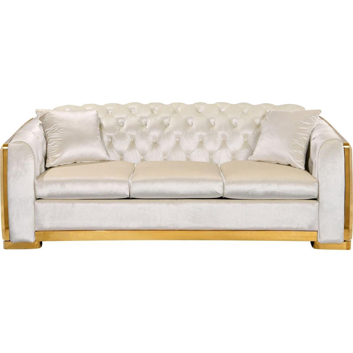 Velvet Luxury Chesterfield Sofa Set, 84 Inches Tufted 3 Seat Couch with Gold Stainless for Living Room, Beige Fabric