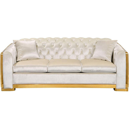 Velvet Luxury Chesterfield Sofa Set, 84 Inches Tufted 3 Seat Couch with Gold Stainless for Living Room, Beige Fabric