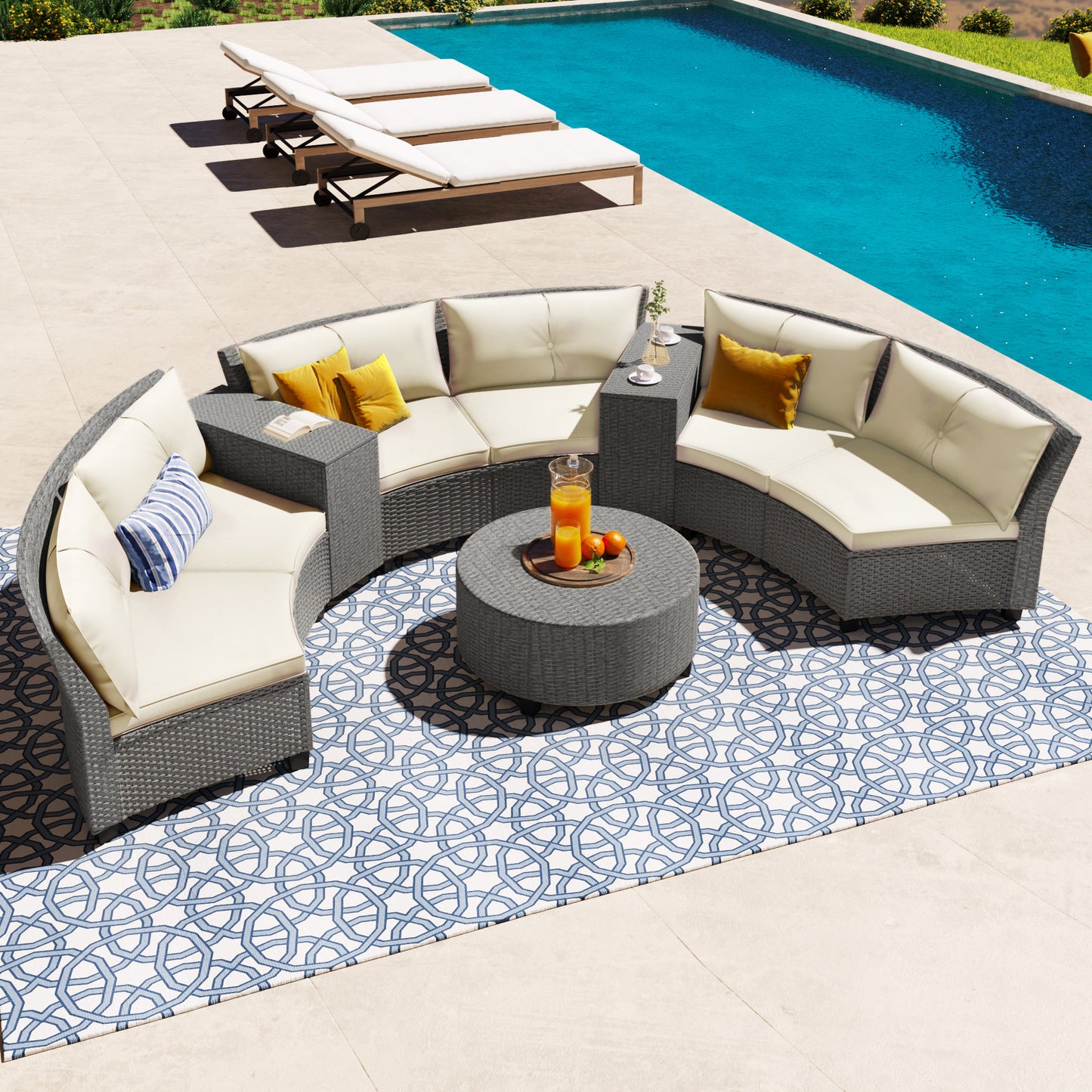 6 - Person Fan-shaped Rattan Suit Combination with Cushions and Table, Suitable for Garden