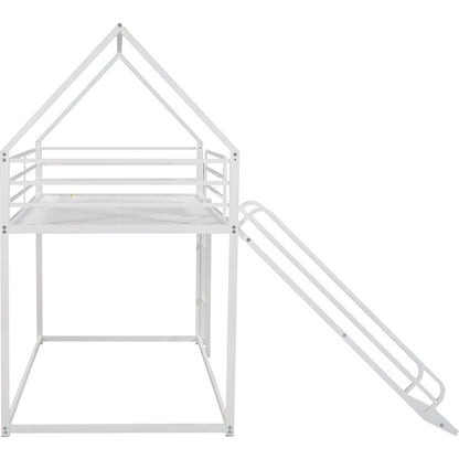 Twin over Twin House Bunk Bed with Ladder and Slide, White - Streamdale Furniture