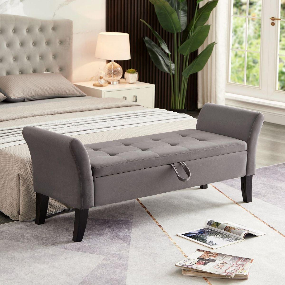 51.5" Bed Bench with Storage Grey Velvet - Streamdale Furniture