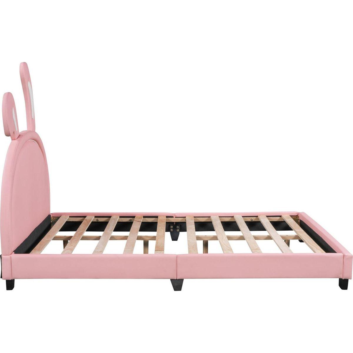 Full Size Upholstered Leather Platform Bed with Rabbit Ornament, Pink