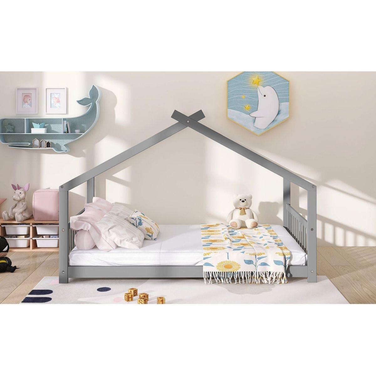 Full Size House Bed Wood Bed, Gray