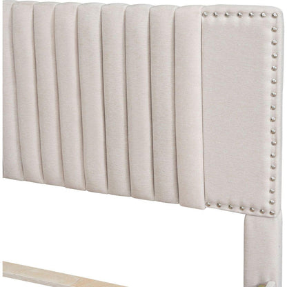 Full Size Upholstered Platform Bed with 2 Drawers and 1 Twin Size Trundle, Classic Headboard Design, Beige