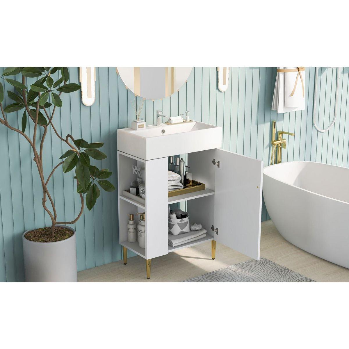 21.6" white Bathroom vanity, Combo Cabinet, Bathroom Storage Cabinet, Single Ceramic Vessel Sink, Left side storage