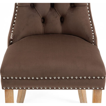 Upholstered Button Tufted Back Brown Velvet Dining Chair with Nailhead Trim and Brushed Solid Wood Legs 2 Sets