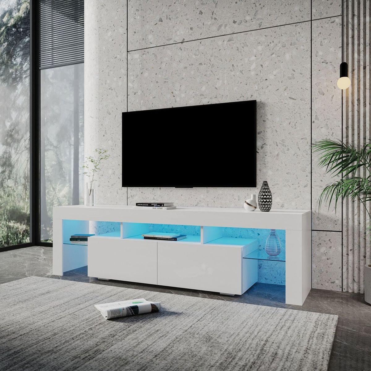 Modern gloss white TV Stand for 80 inch TV, 20 Colors LED TV Stand w/Remote Control Lights