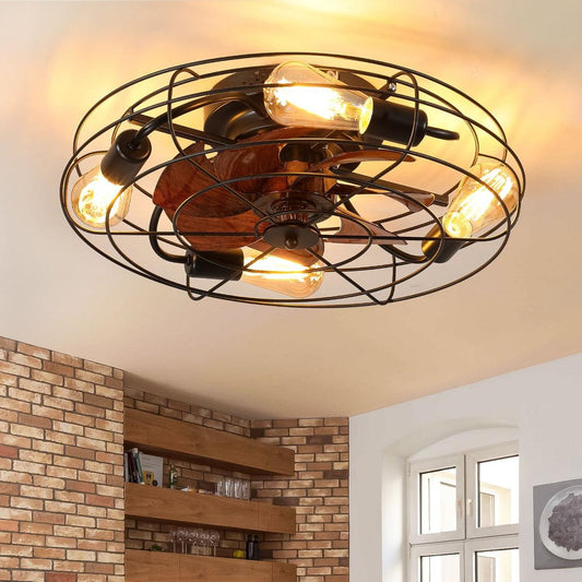 Caged Ceiling Fan With Light, 20" farmhouse Low Profile Ceiling fan Lights With Remote Control, Modern Enclosed 4x E26 Bulb Ceiling Fans With Reversible Motor Living Room Bedroom Kitchen, Black
