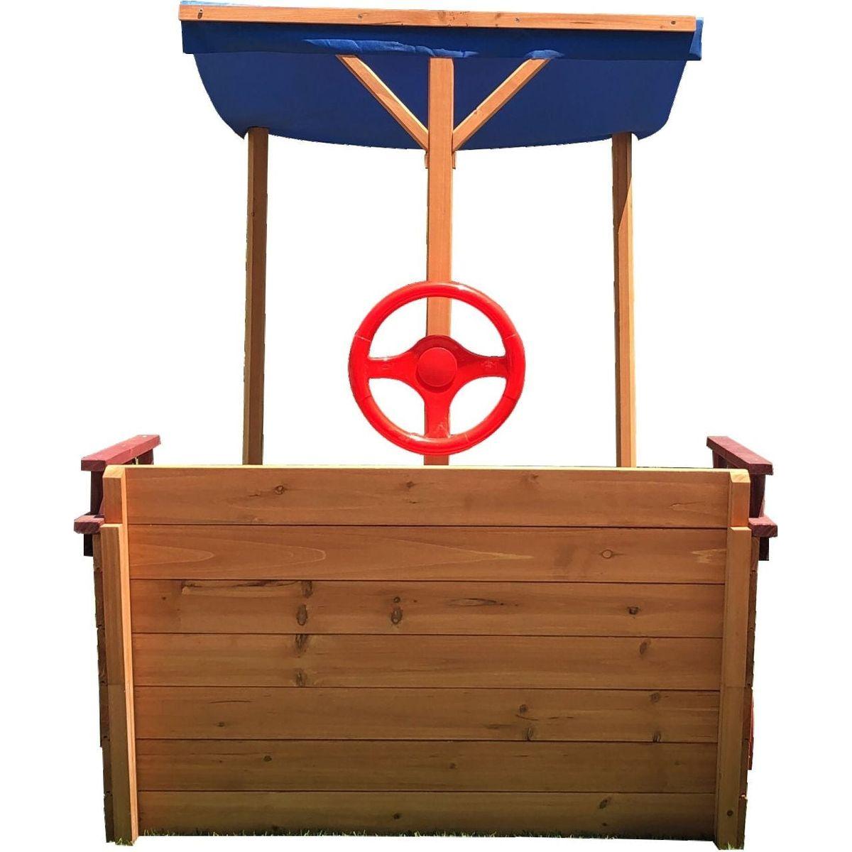 Pirate Ship Sandbox with Cover and Rudder, Wooden Sandbox with Storage Bench and Seat, Outdoor Toy for Kids Ages 3-8 Years Old