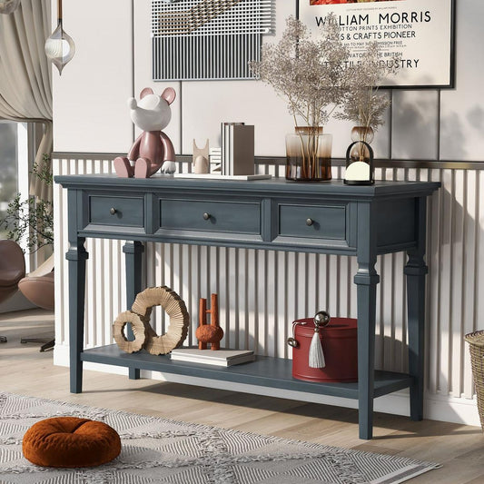 Classic Retro Style Console Table with Three Top Drawers and Open Style Bottom Shelf, Easy Assembly (Navy) - Streamdale Furniture