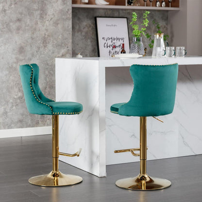 Golden Swivel Velvet Barstools Adjusatble Seat Height from 25-33 Inch, Modern Upholstered Bar Stools with Backs Comfortable Tufted for Home Pub and Kitchen IslandGreen, Set of 2)