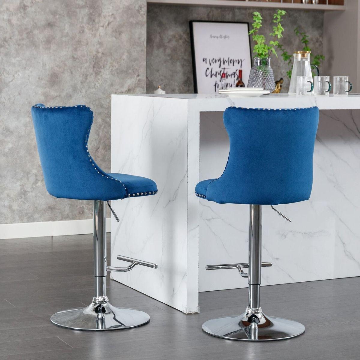 Swivel Velvet Barstools Adjusatble Seat Height from 25-33 Inch, Modern Upholstered Chrome base Bar Stools with Backs Comfortable Tufted for Home Pub and Kitchen Islandlue, Set of 2) - Streamdale Furniture