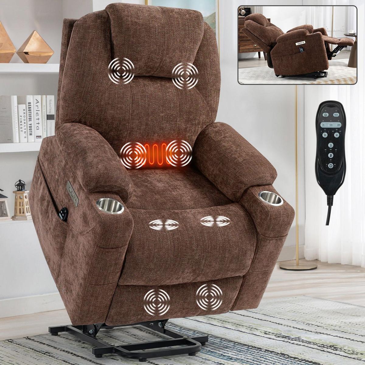 Okin motor Up to 350 LBS Chenille Power Lift Recliner Chair, Heavy Duty Motion Mechanism with 8-Point Vibration Massage and Lumbar Heating, USB and Type-C Ports, Stainless Steel Cup Holders, Brown