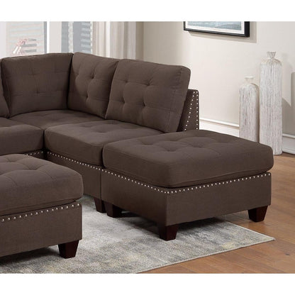 Modular Sectional 6pc Set Living Room Furniture L-Sectional Black Coffee Linen Like Fabric Tufted Nailheads 2x Corner Wedge 2x Armless Chairs and 2x Ottomans