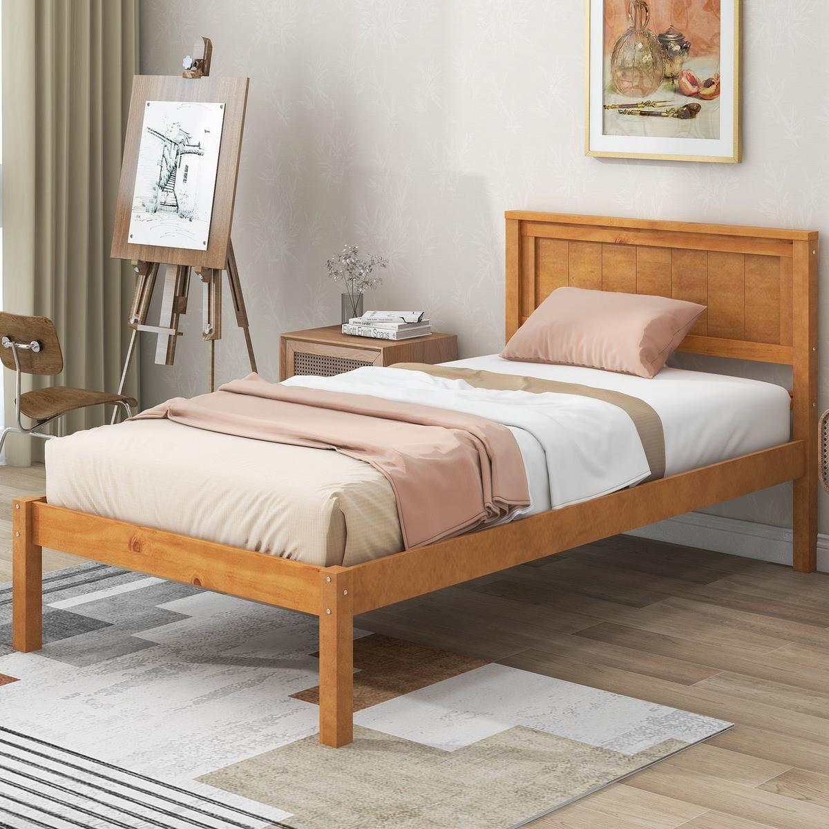 Platform Bed Frame with Headboard, Wood Slat Support, No Box Spring Needed, Twin,Oak