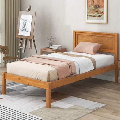 Platform Bed Frame with Headboard, Wood Slat Support, No Box Spring Needed, Twin,Oak