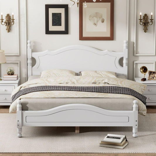Queen Size Wood Platform Bed Frame,Retro Style Platform Bed with Wooden Slat Support,White