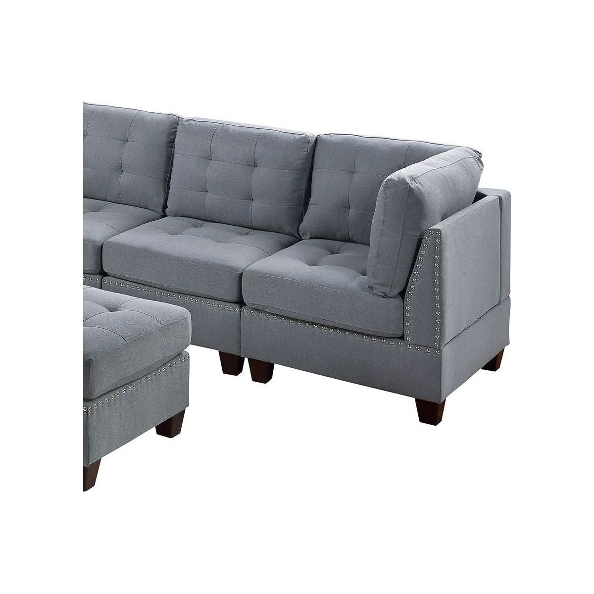 Contemporary Modular Sectional 7pc Set Living Room Furniture Corner L-Sectional Gray Linen Like Fabric Tufted Nail heads 2x Corner Wedge 3x Armless Chair and 2x Ottoman