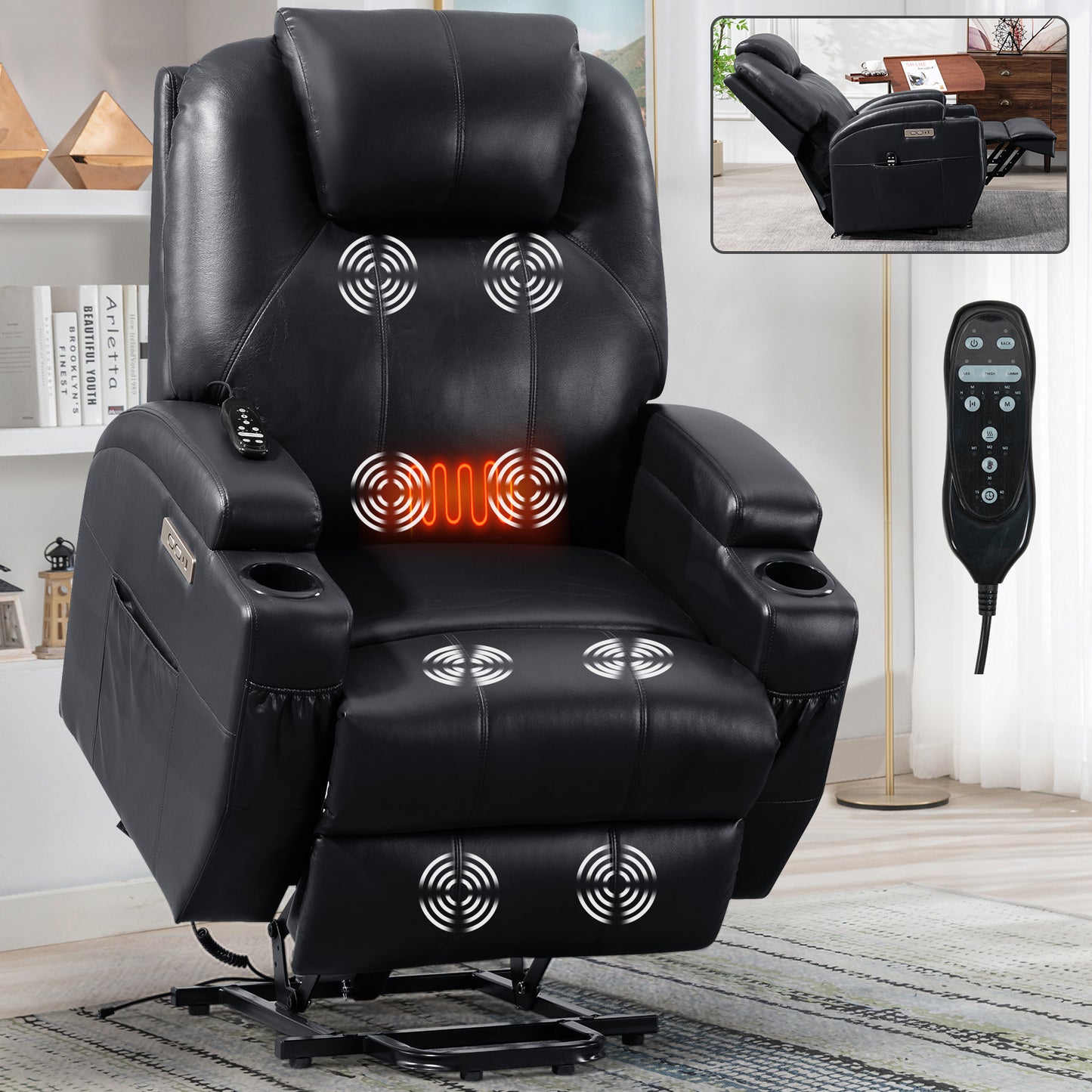 Up to 350lbs Okin Motor Power Lift Recliner Chair for Elderly, Heavy Duty Motion Mechanism with 8-Point Vibration Massage and Lumbar Heating, Two Cup Holders and USB Charge Port, Black