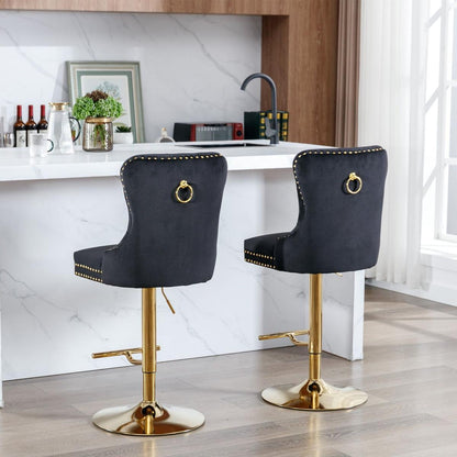 Thick Golden Swivel Velvet Barstools Adjusatble Seat Height from 27-35 Inch, Modern Upholstered Bar Stools with Backs Comfortable Tufted for Home Pub and Kitchen Island (Black, Set of 2)