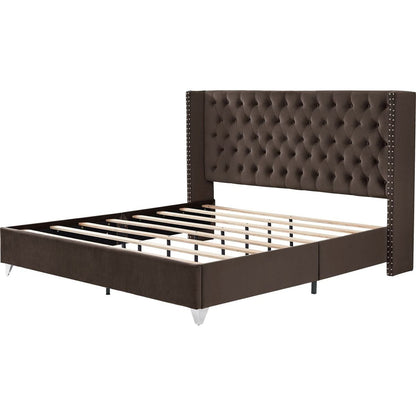 King bed with two nightstands, Button designed Headboard, strong wooden slats + metal legs with Electroplate