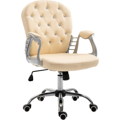 PU Leather Home Office Chair, Button Tufted Desk Chair with Padded Armrests, Adjustable Height and Swivel Wheels, Beige