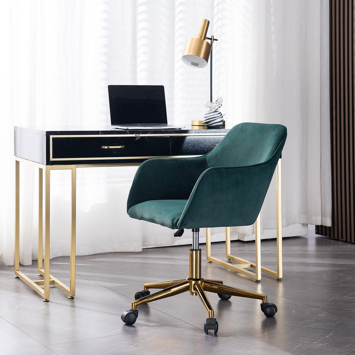 Modern Velvet Fabric Material Adjustable Height 360 revolving Home Office Chair with Gold Metal Legs and Universal Wheels for Indoor, Dark Green